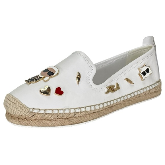 Karl Lagerfeld Michaela Emblem Studded White Leather Womens Flats Size 9.5M - Picture 2 of 14